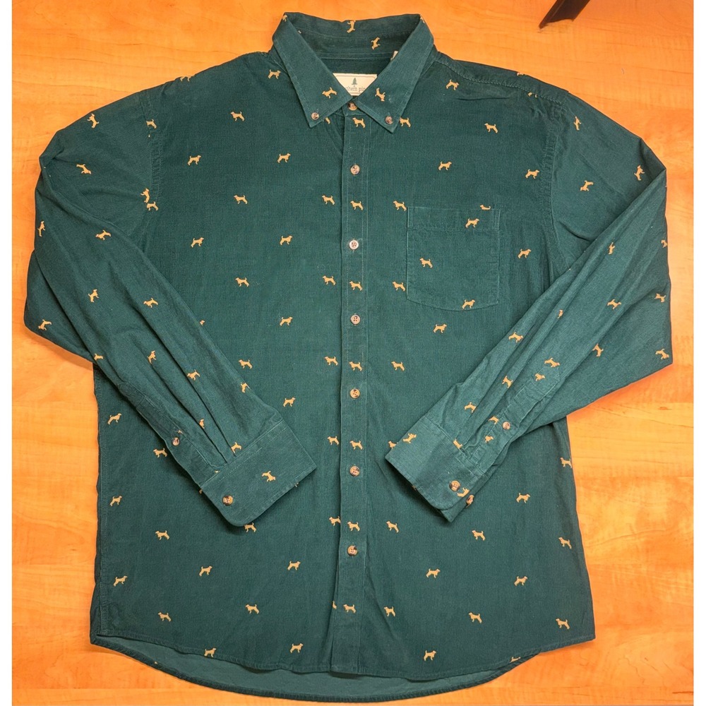 Southern Pines Mens XL Green Corduroy Dog Embroidered Button Down Shirt Cotton